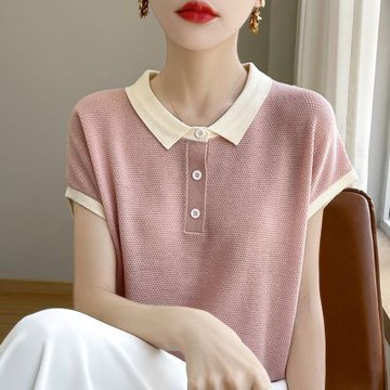 [米蘭精品] 現貨+預購 針織衫短袖毛衣-POLO領拼接天絲清爽女上衣6色74lc21