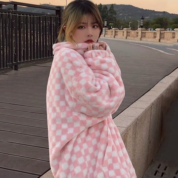 新款羊羔毛絨外套女2022年春季韓版棋盤格甜美軟糯潮流百搭情侶款