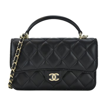 CHANEL 經典雙C菱格紋小羊皮鏈帶手提/斜背包(黑色)