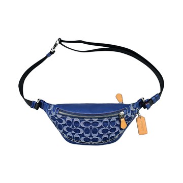 COACH LOGO緹花織布拼接皮革寬弧形腰包/斜背包(丹寧藍C)