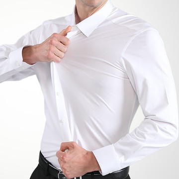 機能彈性襯衫-長袖 素色白 無口袋