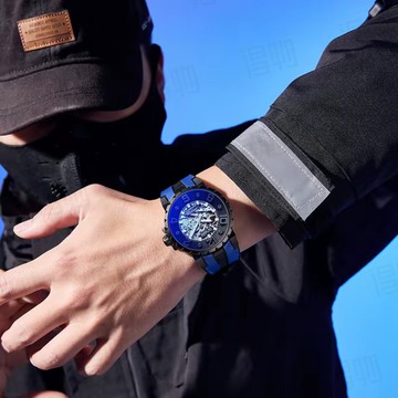 鏤空律動 藍矽膠帶 藍玻錶鏡 霧砂黑