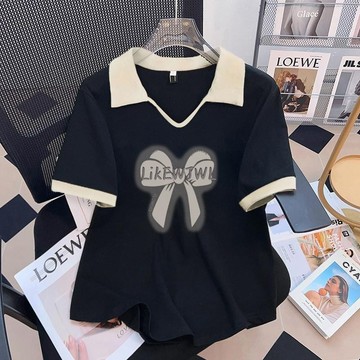 大碼女裝多巴胺polo領短袖T恤女夏法式胖mm遮肚顯瘦寬鬆ins上衣女