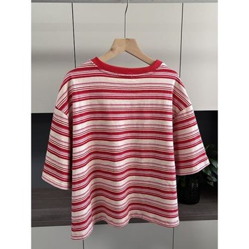 日系上衣2025年夏季新款休閑棉質貓咪刺繡貼布條紋短袖T恤女