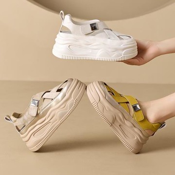 真皮涼鞋女2024夏季外穿包頭羅馬休閑厚底豬籠鞋編織運動ins風潮