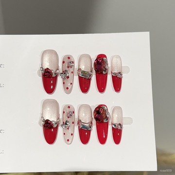 ➕最新設計款穿戴甲💅純手工穿戴甲高級感秋冬玫紅色長款美甲片歐美堆鑽爆閃假指甲貼片長橢圓穿戴甲 BCVO