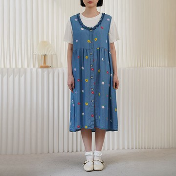 木耳邊印花開襟背心洋裝121477C