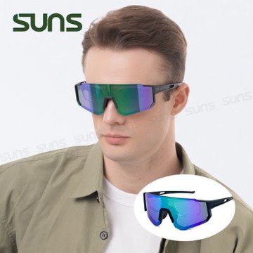【SUNS】運動偏光太陽眼鏡 含內視鏡 黑框綠水銀 REVO電鍍 抗UV400/抗藍光/路跑/自行車 N160