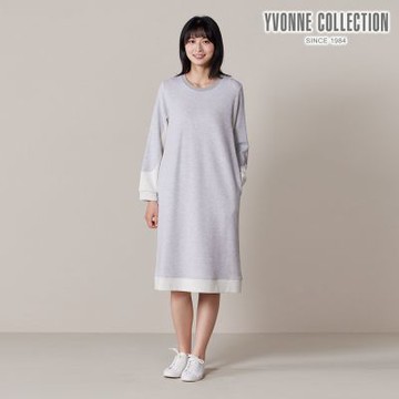 YVONNE 以旺傢飾 雙色提花剪接長袖洋裝-寧靜灰