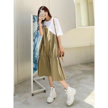 韓版寬松不規則工裝連衣裙女2026夏季新款假兩件休閑顯瘦過膝長裙