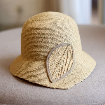 樹葉田園風細拉菲草盆帽復古漁夫帽防曬草帽子女夏天遮陽帽韓版1入