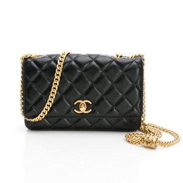 CHANEL 香奈兒 WOC 經典雙C LOGO鎖頭金球小羊皮翻蓋三用鍊包(黑)