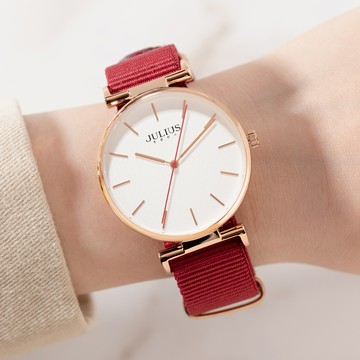 正韓JULIUS光年瞬間休閒帆布錶帶手錶【WJA1245】-白面紅帶(大錶面)