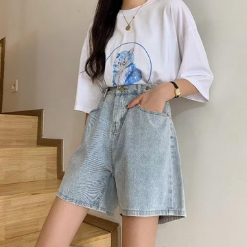 短褲女梨形身材大碼胖妹妹腿粗胯寬屁股大寬鬆顯瘦闊腿牛仔五分褲