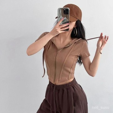[限時特賣]T恤 短袖T恤 短袖上衣 女生上衣法式辣妹短款露臍連帽短袖T恤女開衫夏季薄款修身顯瘦小眾女上衣