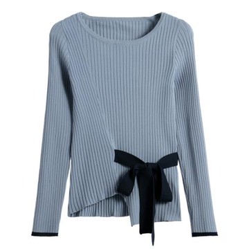 西湖閣老【緹】春季 拼色系帶收腰豎條紋理套頭針織衫HB004