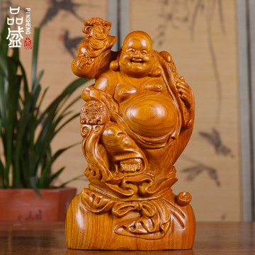 黃花梨木雕彌勒佛擺件 佛像實木雕刻大號招財笑佛招財紅木工藝品1入