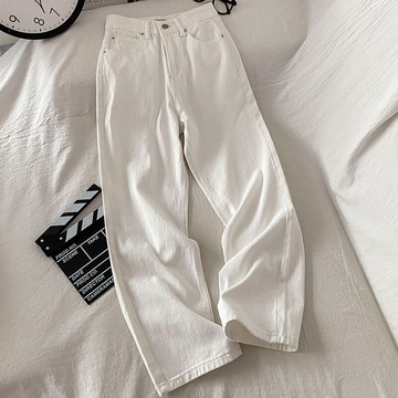 白色闊腿牛仔褲女新款春秋款復古港風chic寬松高腰直筒褲子
