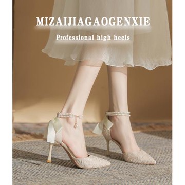 一字扣高跟鞋2023年新款細跟綁帶蝴蝶結珍珠包頭涼鞋女夏季伴娘鞋