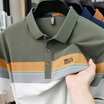 【臺灣出貨】2026夏季新款條紋拼接Polo衫 男士高端翻領短袖POLO 休閒橫紋T恤衫 透氣珠地棉半袖上衣