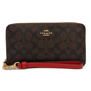 COACH 經典C LOGO手掛式零錢袋長夾(深咖/紅)