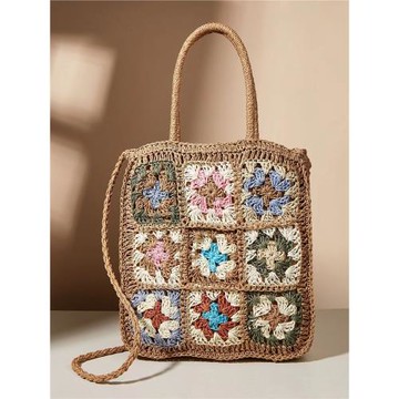 波西米亞手工草編包手鉤花朵拼接編織民族風度假韓國單肩手提女包