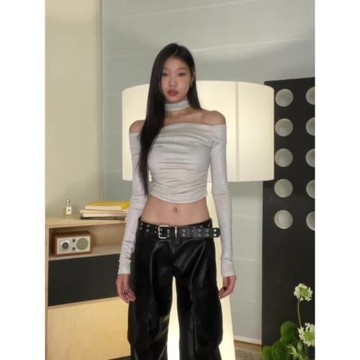 白色一字肩打底衫女開春內搭修身顯瘦T恤設計感小眾長袖掛脖上衣