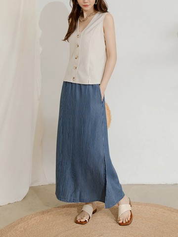 涼爽輕丹寧條紋鬆緊腰側開衩長裙