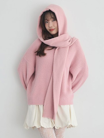 短毛絨針織連帽圍巾/披肩(01000614600) - earth music&ecology