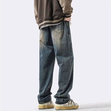 【精选牛仔裤】美式彎刀牛仔褲男新款復古水洗高街寬鬆闊腿休閒帥氣直筒潮男褲子