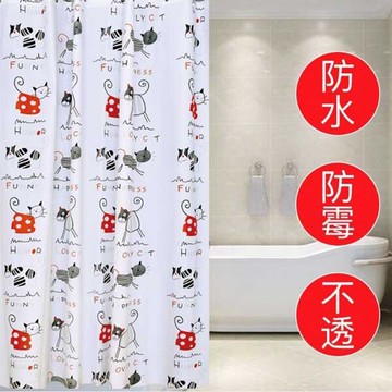 居家寶盒180180可愛卡通貓咪浴簾peva防水防黴浴簾 免打孔窗簾拉簾 門簾 附掛鉤