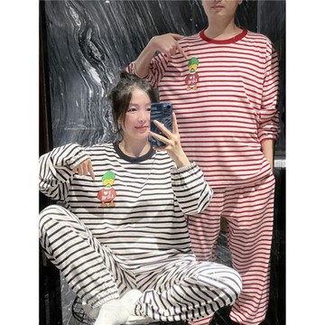 長袖情侶男女睡衣薄款顯瘦條紋可愛卡通家居服大碼胖mm200斤套裝
