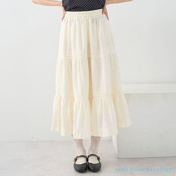 【earth music】素面腰際鬆緊棉質分層式剪裁長裙