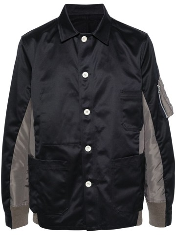 sacai - spread-collar panelled shirt jacket - men - Nylon/Cotton/Acrylic/Polyester/Wool - 4 - Blue