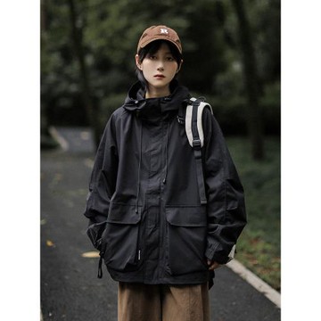 山系戶外機能沖鋒衣多口袋工裝連帽情侶夾克外套秋季寬松防風露營