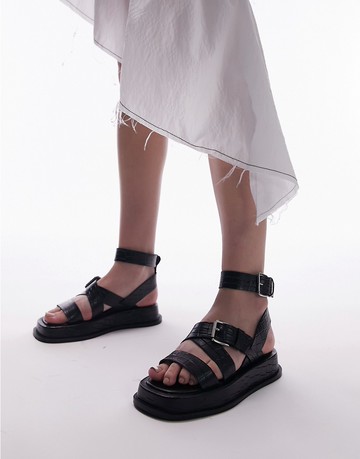 Topshop Jax leather chunky flat sandal with buckle in black