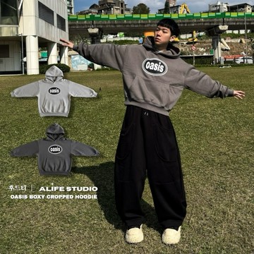 【ALIFE】韓系 OASIS 斑駁 英字 BOXY 寬短版 刷毛 帽T 2色 厚磅 高品質 上衣 寬鬆 #802T