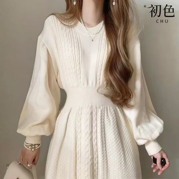 初色 法式拼接燈芯絨針織收腰圓領燈籠長袖中長連衣裙連身洋裝-共2色-17346(F可選)