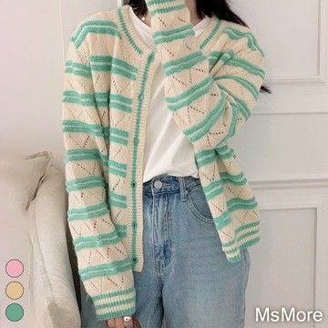 【MsMore】韓版森系田園風條紋針織圓領長袖單排扣開衫短版外罩# 118895  (現貨+預購)