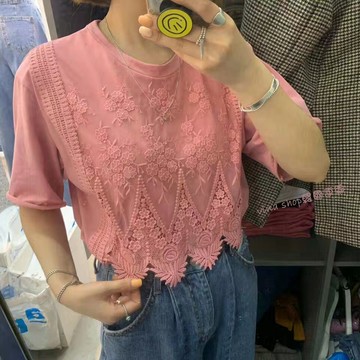 韓國連線vina shop 韓國春裝摟空蕾絲勾花圓領寬鬆短袖T恤 上衣【預】KR190354
