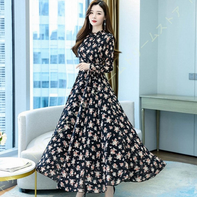 ワンピース 花柄ワンピース マキシ丈ワンピース レディース 立ち襟 長袖 マキシ丈 花柄 フレア ボヘミアン ロングワンピース 体型カバー Aライン 通販 Lineポイント最大0 5 Get Lineショッピング