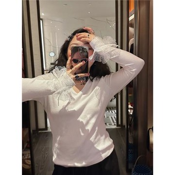 金大支V領打底衫女秋冬季設計感小眾別致洋氣胖mm白色針織衫上衣