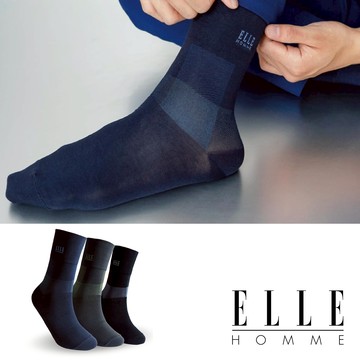 【ELLE HOMME】格紋簡約絲光寬口紳士襪 襪子 男襪 長襪 棉襪