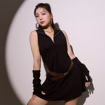 【PolyLulu】 歐美立領拉鍊背心洋裝(附袖套) MUA