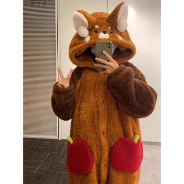 可愛小浣熊珊瑚絨睡衣女秋冬季中長款睡袍男情侶熊貓保暖卡通浴袍