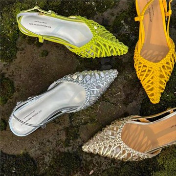 澤西自制 法式氣質尖頭平底細帶豬籠鞋手工編織包頭羅馬涼鞋女夏