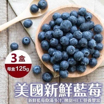 果物樂園-嚴選新鮮美國藍莓共3盒(約125g/盒)
