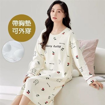 【韓國K.W.】帶胸墊長袖(睡裙/女睡衣/居家服/連身洋裝/洋裝)