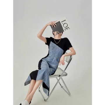 歐洲站韓系牛仔拼接連衣裙2025春新款女小眾設計感法式長裙子質感