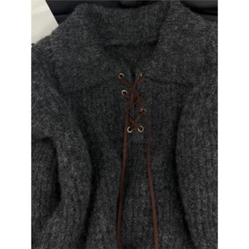 復古韓系高級感綁帶polo領厚毛衣女秋冬季慵懶寬松加厚針織衫上衣